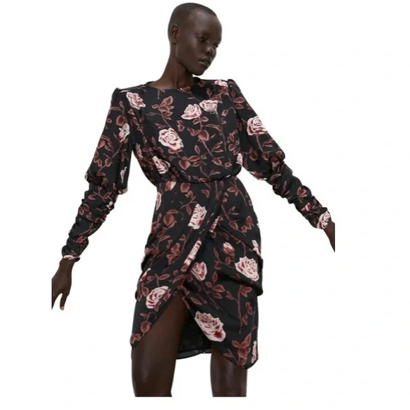 Zara Ruched Long Sleeve Rose Print Mini Asymmetrical Dress NWOT - Picture 2 of 13